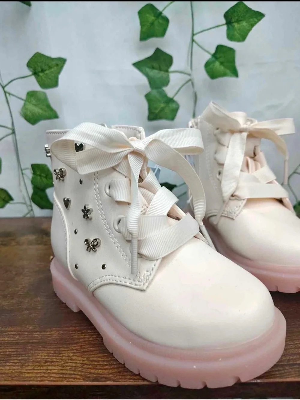 Kids Cream Lace-Up Ankle Boots with Pink Sole